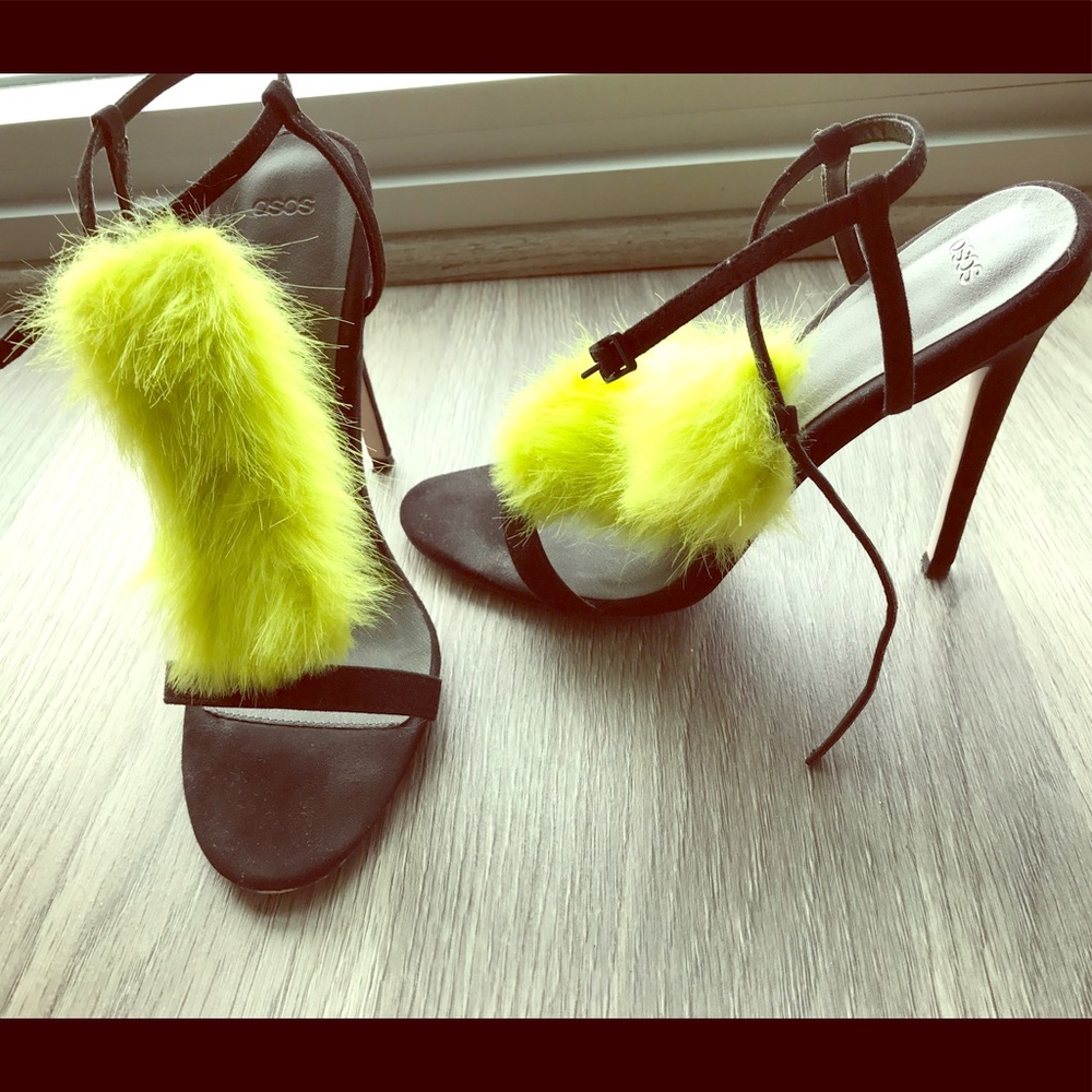 Neon faux fur and black heel sandals